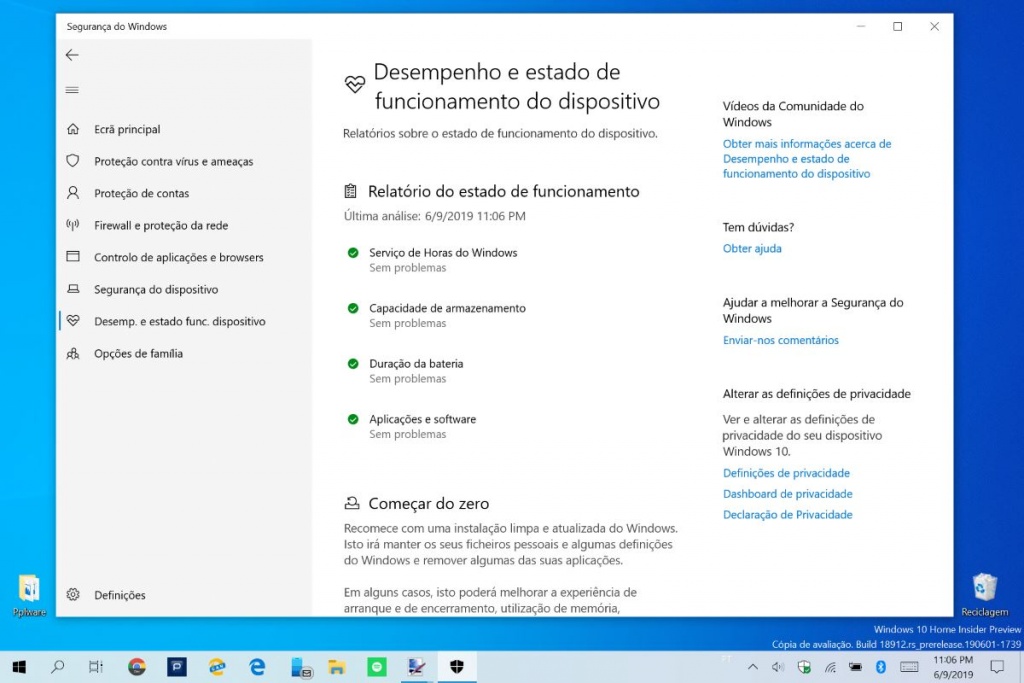 Windows 10 equipo salud sistema de seguridad