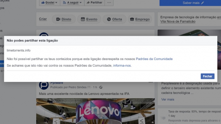 Bloqueo de Facebook para compartir sitios pirateados