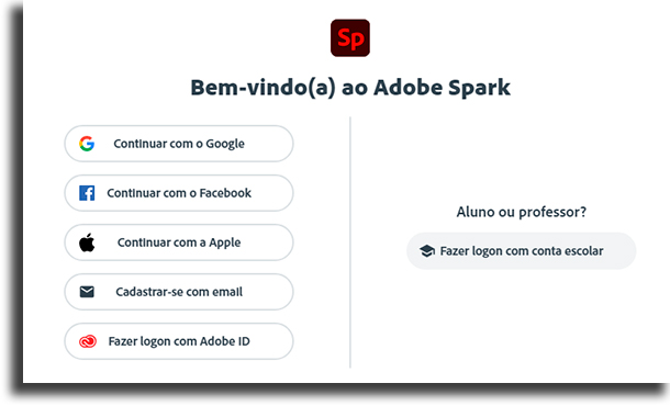 Registro de Adobe Spark