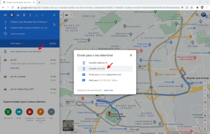 Google Maps rutas navegador de teléfonos inteligentes