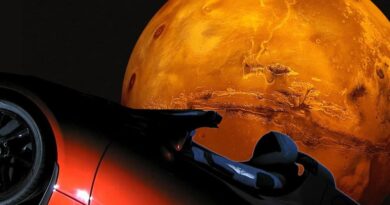 Ilustração Starman da SpaceX dentro do Tesla Roadster de Elon Musk a passar Marte