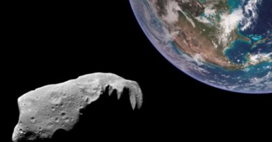 Ilustração da rota do asteroide Apófis em direção ao planeta Terra