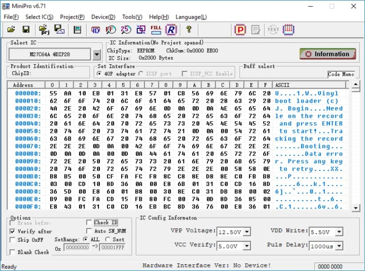 Imagen del código de carga del disco de vinilo en una ROM