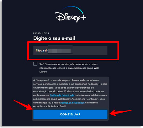 Disney + pantalla de registro, con cuadro de texto para incluir correo electrónico