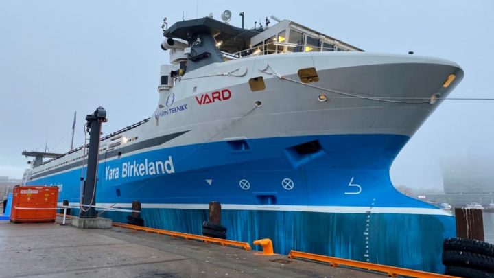 Imagen del Yara Birkeland, el primer buque portacontenedores totalmente eléctrico