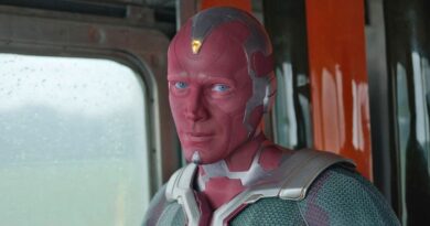 Paul Bettany as the Vision in WandaVision, looking straight at the camera.