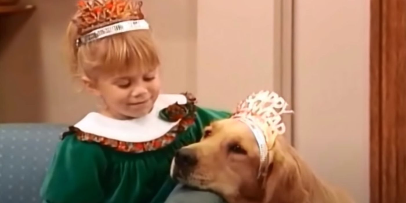 A young girl sits next to a golden retriever, each wearing New Year's Eve hats