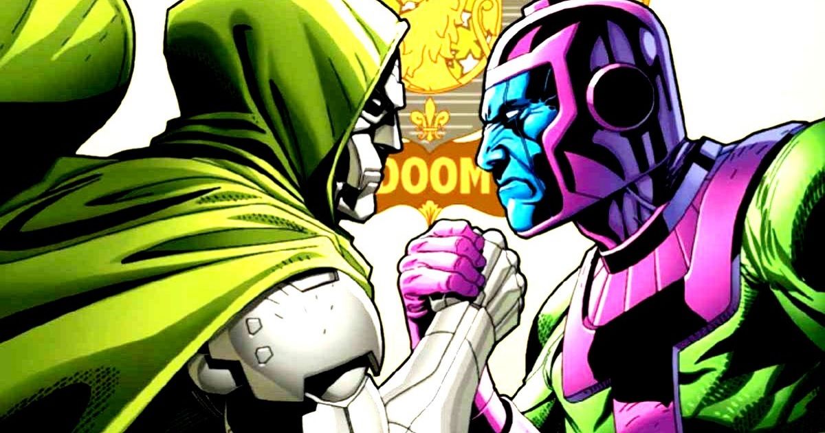 Doctor Doom con su armadura plateada y capa y capucha verdes, con Kang con su armadura violeta y verde en Marvel Comics.