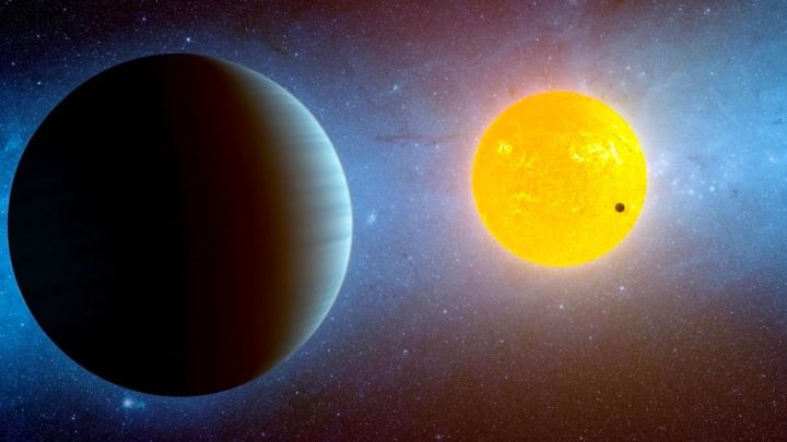 Ilustración del exoplaneta HD 63433d, su estrella y su hermana, HD 63433b.  Hay algunas similitudes con la Tierra.