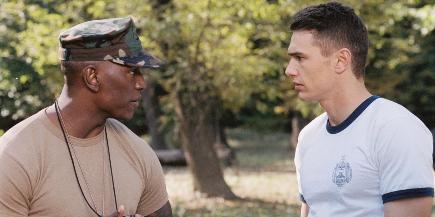 Tyrese Gibson in a military uniform and James Framco staring at each other as Matthew and Jake in Annapolis
