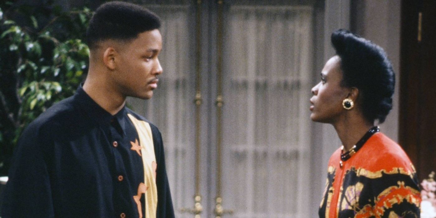 Will Smith and Janet Hubert glaring at each other in the living room of the mansion as Will and Aunt Viv in Fresh Prince of Bel Air
